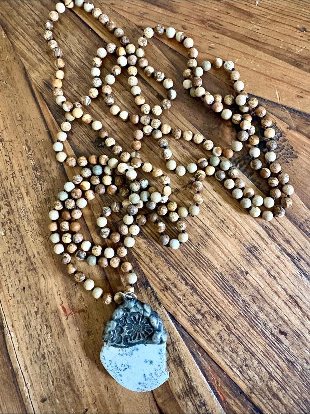 Natural Jasper Beaded Necklace with stone and silver fossil setting Pendant 37”